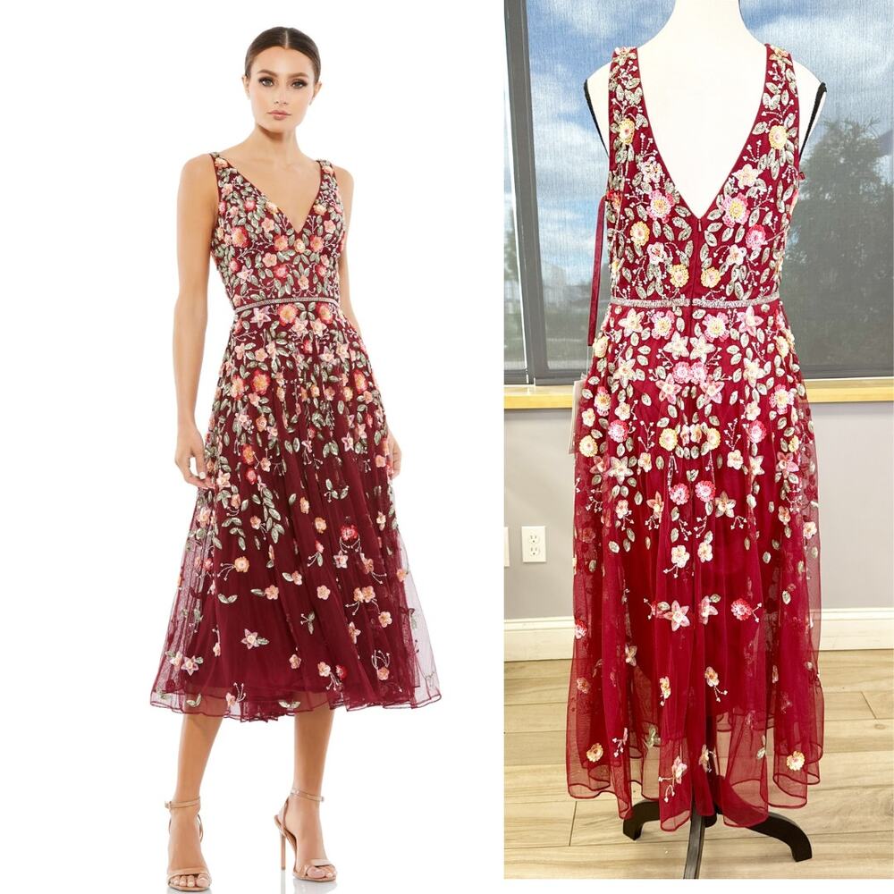 MAC DUGGAL  DEEP V-NECK MIDI EMBROIDERED DRESS Style 5527 Size 8